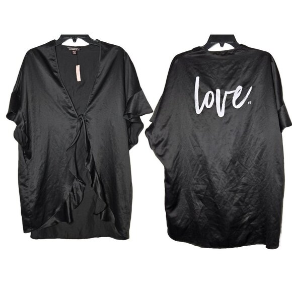 Victoria's Secret Other - Victoria's Secret Black Love VS Tie Front Satin Robe One Size NWT Silky Lingerie